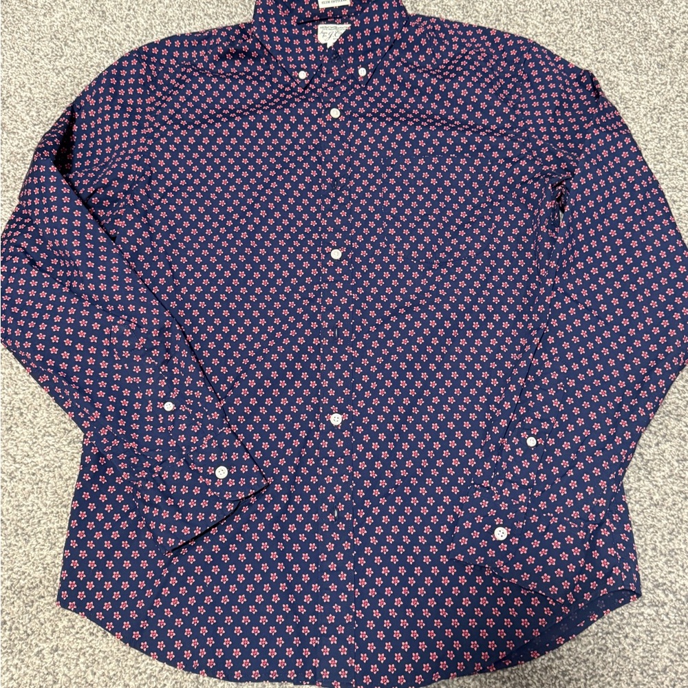J. Crew Men's Navy and Red Patterned Shirt